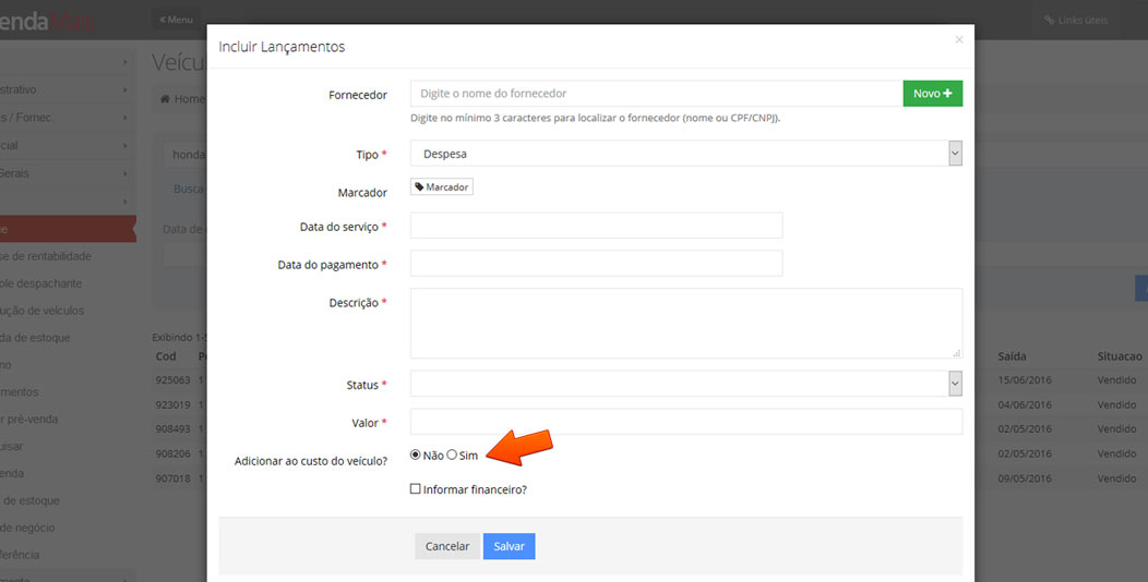 Adicionar ao custo do veículo